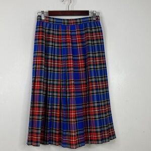 Vintage Pleated Skirt Womens Small Blue Red Black Wool Tartan Plaid Full Midi